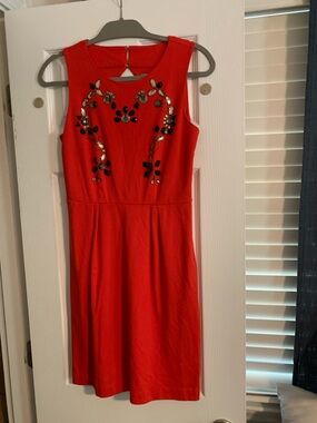 Cynthia Rowley Red Midi Dress with Jeweled Floral Accents
